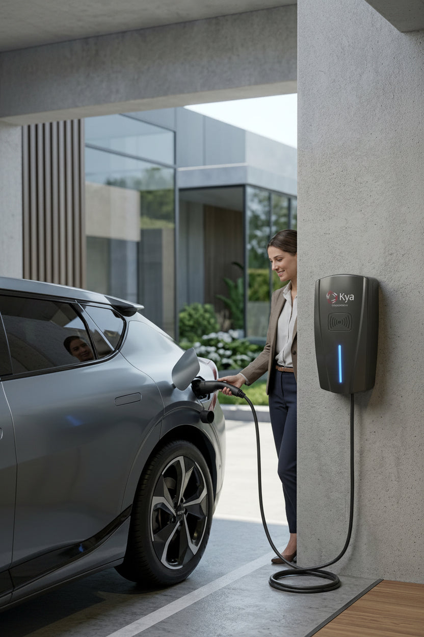 Stazione di ricarica Wallbox KYA Electric 7.4 kW monofase per veicoli elettrici installata in garage