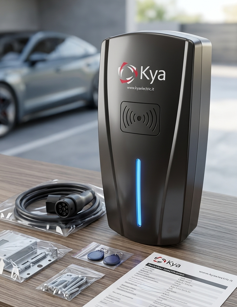 Stazione di ricarica Wallbox KYA Electric 7.4 kW monofase per veicoli elettrici installata in garage